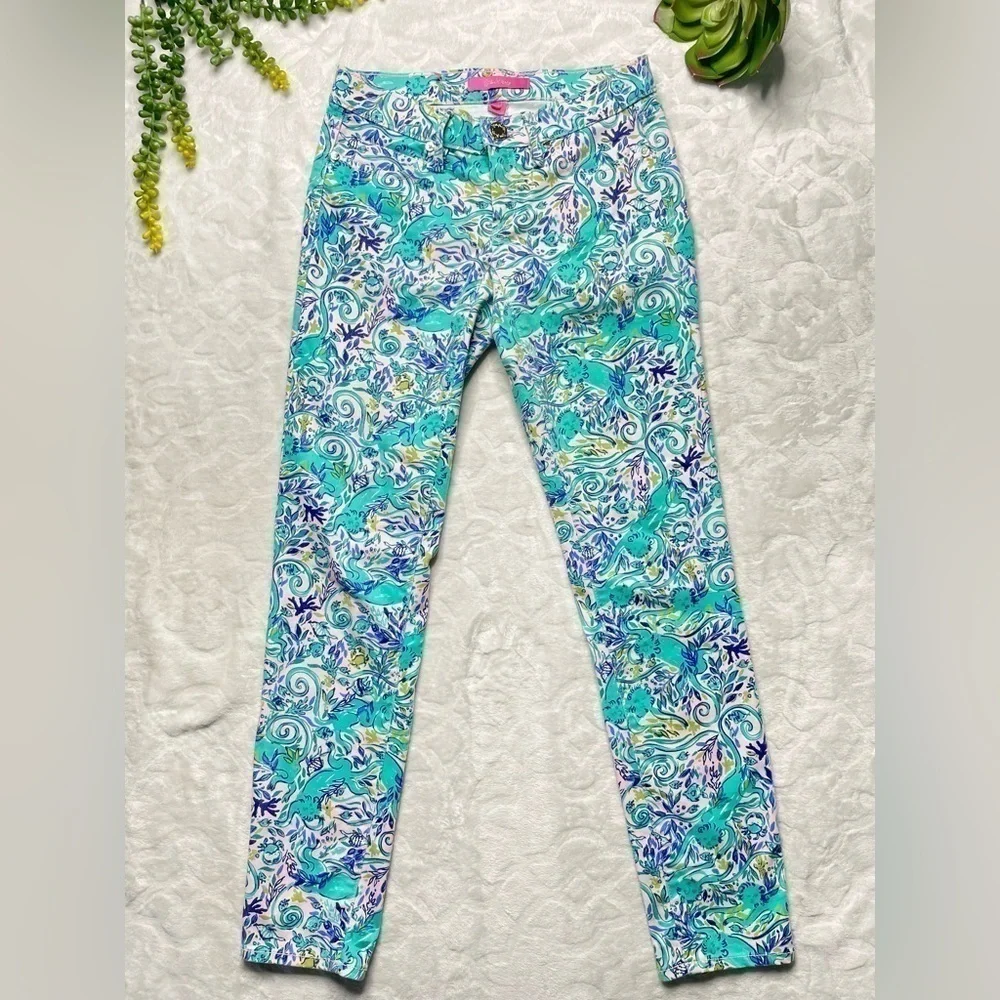 Lilly Pulitzer South Ocean Skinny Crop Pants in Monkey Sea Print Melon Fig Teal